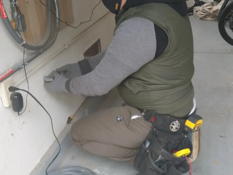 Electrician performing outlet wiring in a Bourne garage